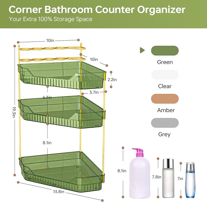 ZZWILLB Corner Bathroom Counter Organizer with Makeup Brush Holder & Toothbrush Holders, Makeup Organizer for Vanity Countertop, Acrylic Skincare Storage Shelf (Green, 3-Tier)