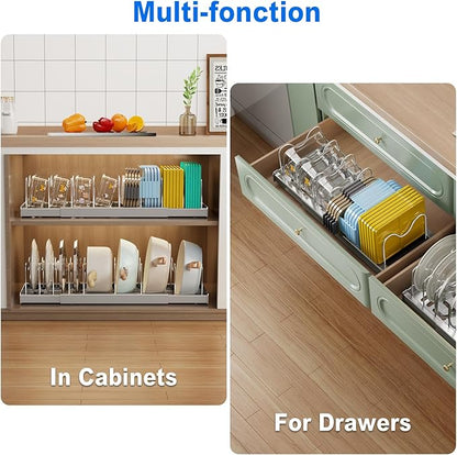 Mustorn 2 Pack Pots and Pans Organizer Under Cabinet, 22" Expandable Food Storage Container Lid Organizers with 9 Adjustable Dividers Pot and Pan Lid Holders Rack Inside Cabinet/Countertop(Gray)