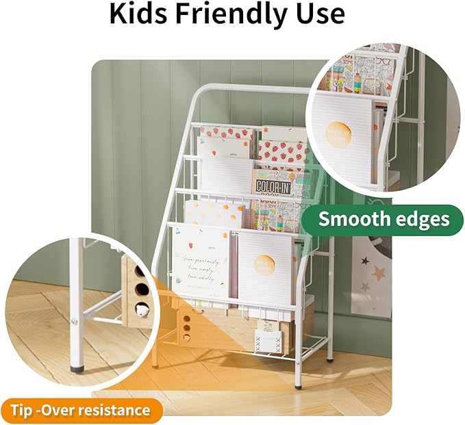 JAQ White Kids Bookshelf, 4-Tier Metal Book Display Rack for Small Spaces, Modern Toddler Bookshelf for Nursery & Playroom, Space-Saving Forward Facing Child Bookcase (28.35" Height, White)