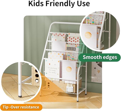 JAQ White Kids Bookshelf, 4-Tier Metal Book Display Rack for Small Spaces, Modern Toddler Bookshelf for Nursery & Playroom, Space-Saving Forward Facing Child Bookcase (28.35" Height, White)
