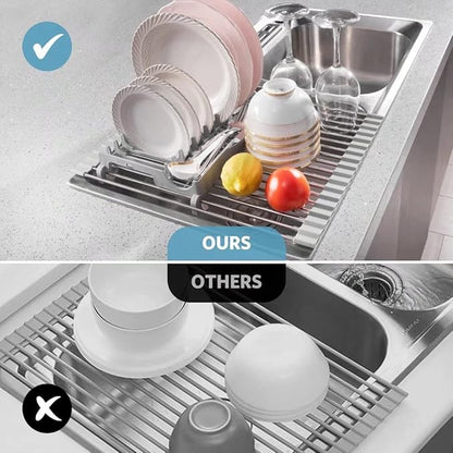 EMIERAI Upgraded Roll Up Dish Drying Rack(21.5” x 13.1”) Over Sink Dish Drainer Foldable Stainless Steel Trivet for Kitchen Countertop