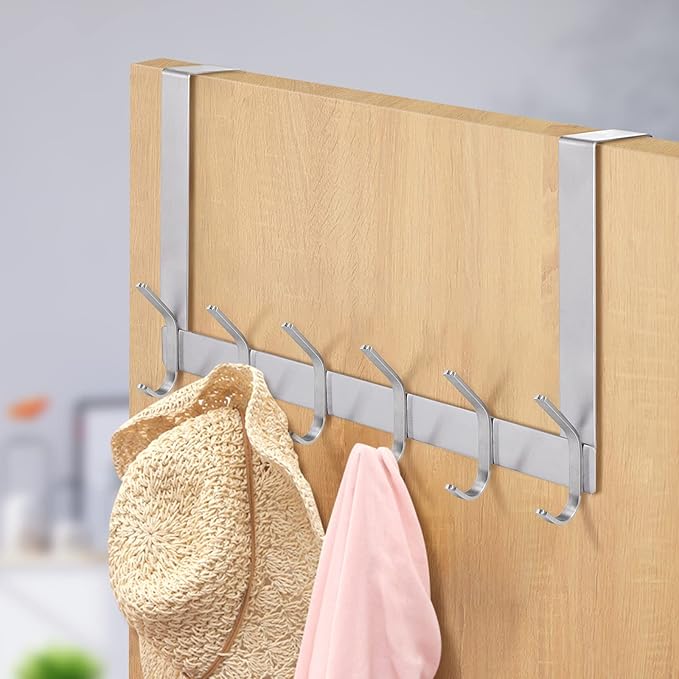 YUMORE Over The Door Hooks, Stainless Steel Heavy Duty Door Hanger for Coats Robes Hats Clothes Towels, Hanging Towel Rack Organizer, Easy Install Space Saving Bathroom Hooks