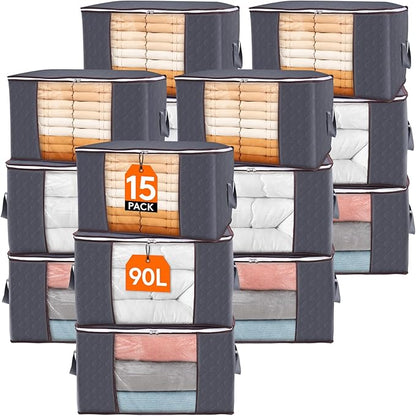 Lifewit Large Capacity Clothes Storage Bag Organizer with Reinforced Handle Thick Fabric for Comforters, Blankets, Bedding, Foldable with Sturdy Zipper, Clear Window, 15 Pack, 90L, Grey