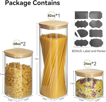 Glass Spaghetti Pasta Storage Container - 5 Pack Airtight Food Storage Jar Set with Bamboo Lid Labels - Square Kitchen Pantry Canister Organizers for Cookies Candy Coffee Bean Sugar Tea Spice Flour