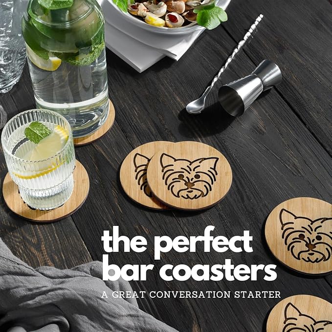 Set of 6 Bamboo Laser-Engraved Fun Dog Coasters with Iron Holder - Gift Packaging 3.9 Inch Non-Stick Absorbent Durable and Unbreakable Wooden Cup Coasters for Dog Lovers (Yorkie)