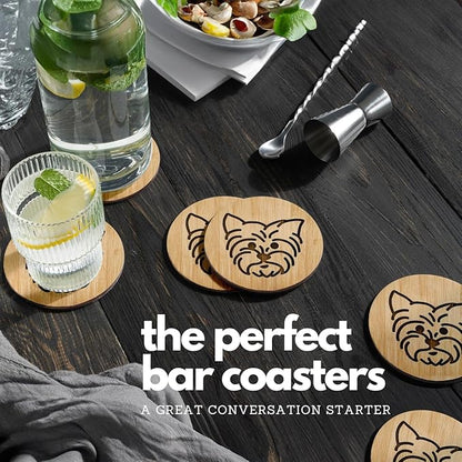 Set of 6 Bamboo Laser-Engraved Fun Dog Coasters with Iron Holder - Gift Packaging 3.9 Inch Non-Stick Absorbent Durable and Unbreakable Wooden Cup Coasters for Dog Lovers (Yorkie)