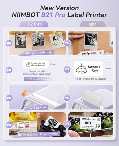NIIMBOT B21 Pro Label Maker with Tapes, 300DPI HD Label Printer, Sticker Maker for Home Organization, Photo Print, Study Graphics, Scrapbook, Lavender Purple