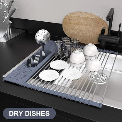 LEMIKKLE Roll Up Dish Drying Rack 17 x 15 Over The Sink Dish Drying Rack, Multi-Purpose Kitchen Rolling Dish Drainer Foldable SUS 304 Stainless Steel Dish Drying Rack