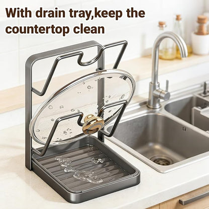 Kitchen Pot Lid Storage Rack for stove top 304 Stainless Steel Pot kitchen pot lid storage – Space-Saving Rack with Removable Drip Tray for Lids & Utensils Double layered Black