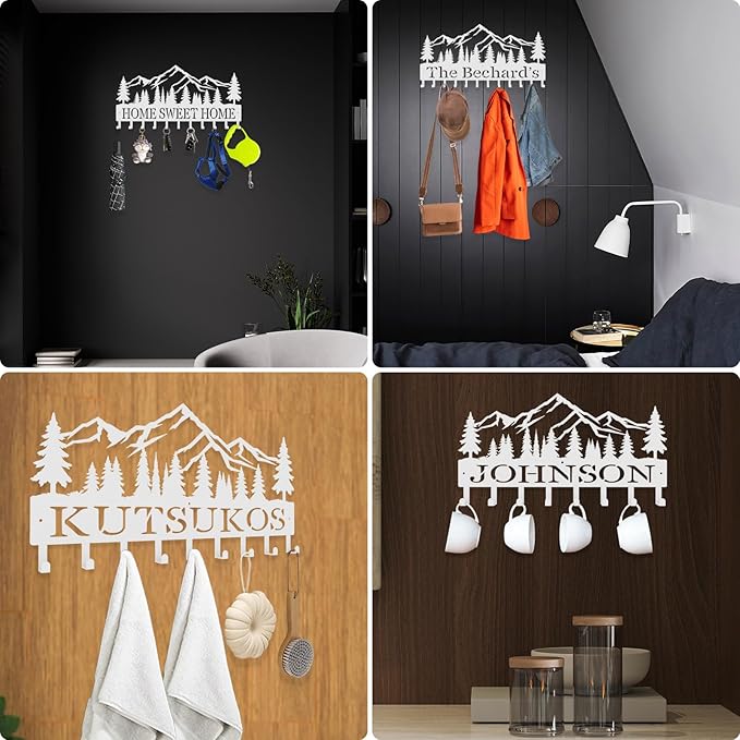 Personalized Metal Key Rack Hooks, Key Holder Wall Mounted Key Hooks, Mountain, Grove Theme Wall Decoration Hooks, Key Hanger Organizer for Living Room, Entryway, Bathroom, Office Decor