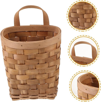 Natural Wood Woven Hanging Basket Organizer for Kitchen and Bathroom Storage Wall Mounted Storage Bin for Items Makeup Utensils Multi Purpose Decor and Planter Carbonized Finish