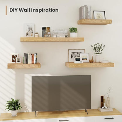 Heimlove 24 x 12 Inch Deep Floating Shelves Wall Mounted with Invisible Brackets,Storage Hanging Shelf for Wall Decor in Bathroom, Bedroom, Toilet, Kitchen, Living Room, Office Set of 2 (Oak)