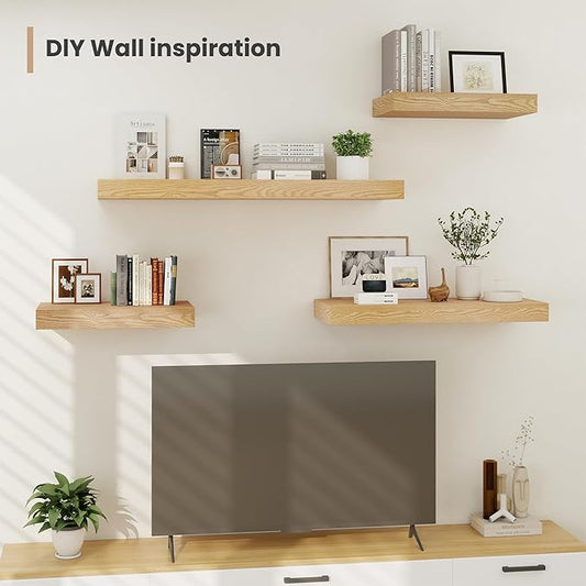 Heimlove 24 x 12 Inch Deep Floating Shelves Wall Mounted with Invisible Brackets,Storage Hanging Shelf for Wall Decor in Bathroom, Bedroom, Toilet, Kitchen, Living Room, Office Set of 2 (Oak)