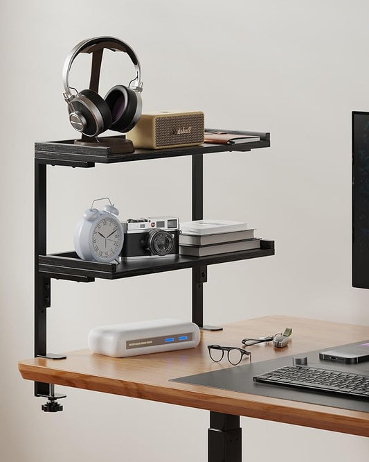 Clamp On Desk Shelf 2-Tier, 16.5 in Wood Shelving Unit for Office Desk/Gaming Accessories, Tabletop Book Storage Rack, Shelf for Top of Desk, Black