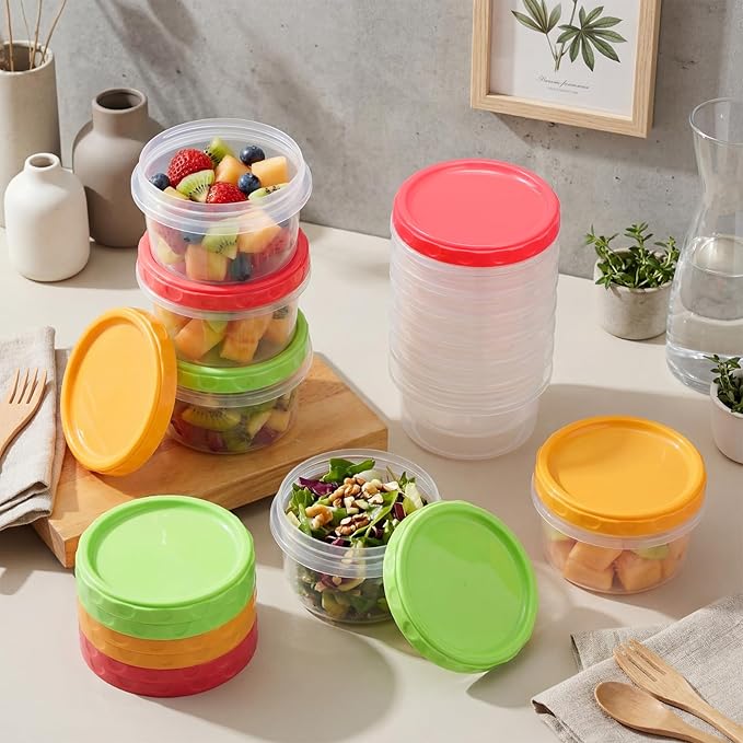 Sieral 16 Pack 8 oz Freezer Containers with Lids Reusable Deli Freezer Storage Containers Stackable Plastic Thick Twist Top Jars for Takeout Food Round Wide Mouth Lunch Snack (Green,Red,Yellow)
