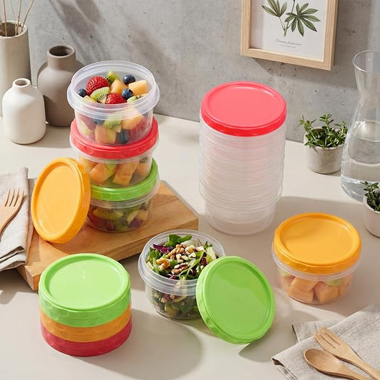 Sieral 16 Pack 8 oz Freezer Containers with Lids Reusable Deli Freezer Storage Containers Stackable Plastic Thick Twist Top Jars for Takeout Food Round Wide Mouth Lunch Snack (Green,Red,Yellow)
