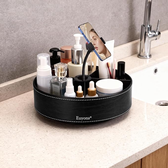 11.4 Inch Lazy Susan Turntable Organizer - 6 Removable Compartments with Phone Holder, 360° Rotating for Cabinet/Counter/Table. Spacious Storage for Food, Spices, Cosmetics & More. (Black)