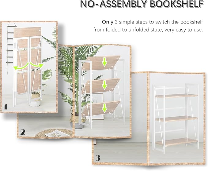 4NM No Assembly 3 Tiers Collapsible Book Shelves, Folding Bookshelf Bookcase Open Industrial Foldable Shelves for Bedroom, Living Room, Home Office - Natural White