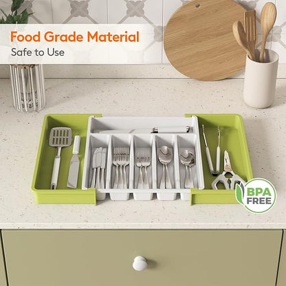 Lifewit Silverware Drawer Organizer, Expandable Utensil Tray for Kitchen, BPA Free Flatware and Cutlery Holder, Adjustable Plastic Storage for Spoons Forks Knives, Large, Green&White