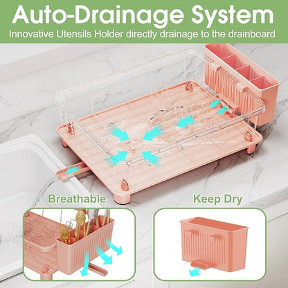 Hiviweer Pink Dish Drying Rack - Space-Saving Dish Rack,Dish Racks for Kitchen Counter with Drainboard, Birthday Christmas Day Mothers Day Thanksgiving Gifts for Mom Grandma Wife Kitchen Enthusiasts