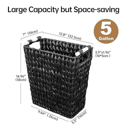 Endymion Black Wicker Trash Can,5 Gallon Bathroom Trash Can with Wooden Handles,Woven Narrow Waste Basket for Bedroom,Office,Living Room