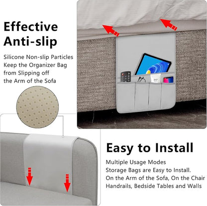 WETRBWEH Remote Control Holder for Armchair, Couch Caddy Organizer TV Remote Holder for Bed Storage 5 Pockets, Remote Caddy Bedside Organizer Bedside Table Organizer (LightGray, 35"x12.4")