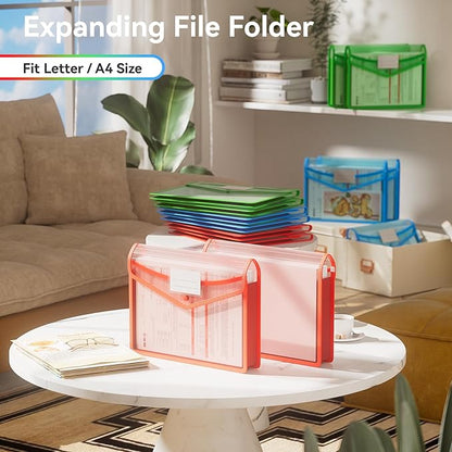 ABC life 6-Pack Plastic Expanding File Folder, Translucent Envelopes with Snap Closure, Large Capacity, Assorted Colors, Large Capacity, Fits Letter/A4 Size - RGB Color