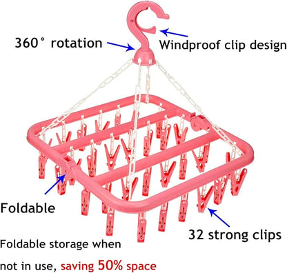 Laundry Hangers with 32 Clips,Clothespin Rack Foldable Laundry Drying Rack Drip Hanger for Drying Socks,Bras,Towel,Underwear,Hat,Scarf,Pants,Baby Clothes,Cloth Diapers,Gloves,Handkerchiefs (Pink)