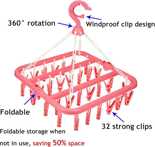 Laundry Hangers with 32 Clips,Clothespin Rack Foldable Laundry Drying Rack Drip Hanger for Drying Socks,Bras,Towel,Underwear,Hat,Scarf,Pants,Baby Clothes,Cloth Diapers,Gloves,Handkerchiefs (Pink)