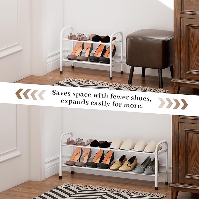 Expandable Shoe Rack, 2-Tier Metal Small Shoe Rack, Adjustable Shoes Organizer, Storage Shelf for Closet, Entryway, White