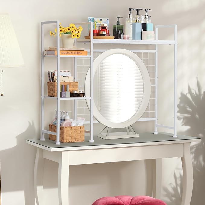 Desktop Bookshelf Organizer, Computer Desktop Bookcase, White Desk Hutch Dorm, Multipurpose Wood Desktop Hutch Storage Organizer, 3-Tier Wood Desk Bookshelf for Home Office Dorm