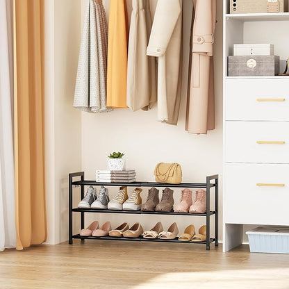 Adjustable 18"-33" Expandable Shoe Rack for Closet 12 Pairs Small Spaces 3 Tier Shoe Organizer with 5 Hooks Metal Shoe Shelf for Entryway, Bedroom