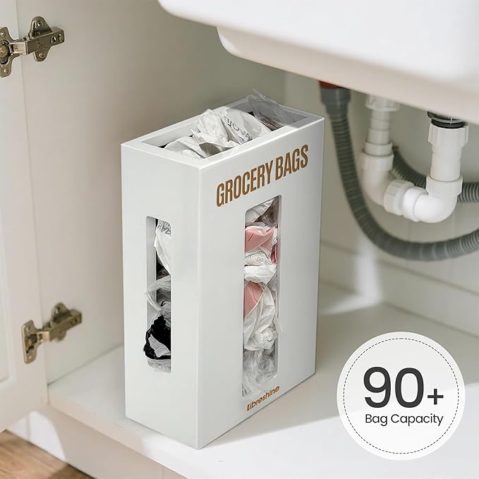 Extra Large White Bamboo Grocery Bag Holder for Plastic Bags, Under Sink Cabinet or Wall Mounted Organizer, Space-Saving Bag Dispenser for Kitchen, Pantry, Laundry Room, Garage