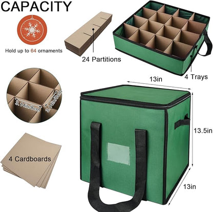 Christmas Ornament Storage Box with Dividers, Christmas Balls Storage Containers with Zipper & 4 Removable Trays - Holds Up to 64 Balls - 600D Oxford Christmas Decoration Storage Organizer (Green)