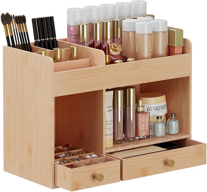 LONTAI Bamboo Makeup Organizer with Drawers, Cosmetic Storage for Lipstick Organizer Beauty Holder Skincare Organizer for Dresser Vanity Bathroom Countertop, No Assembly Required (Natural)