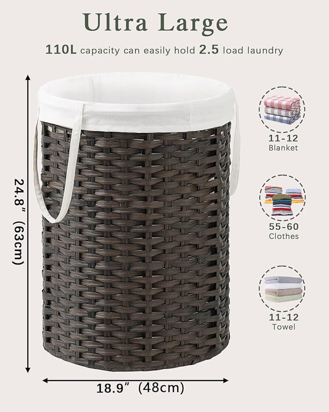 Laundry Basket Round Rattan Laundry Hamper 29.1 Gal(110 L) Handwoven Large Wicker Basket with Handles, Wicker Hamper with Removable Bags and 2 Mesh Bags for Bathroom Living Room Brown(No Lid)