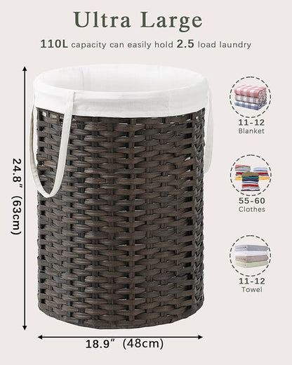Laundry Basket Round Rattan Laundry Hamper 29.1 Gal(110 L) Handwoven Large Wicker Basket with Handles, Wicker Hamper with Removable Bags and 2 Mesh Bags for Bathroom Living Room Brown(No Lid)