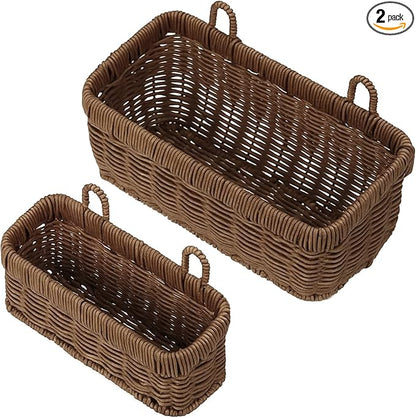 Tioncy 2 Pcs Woven Hanging Wall Baskets for Storage Boho Style Hanging Storage Plastic Woven Baskets with 4 Hooks for Kitchen Garden Living Room(Brown,Sea Grass)