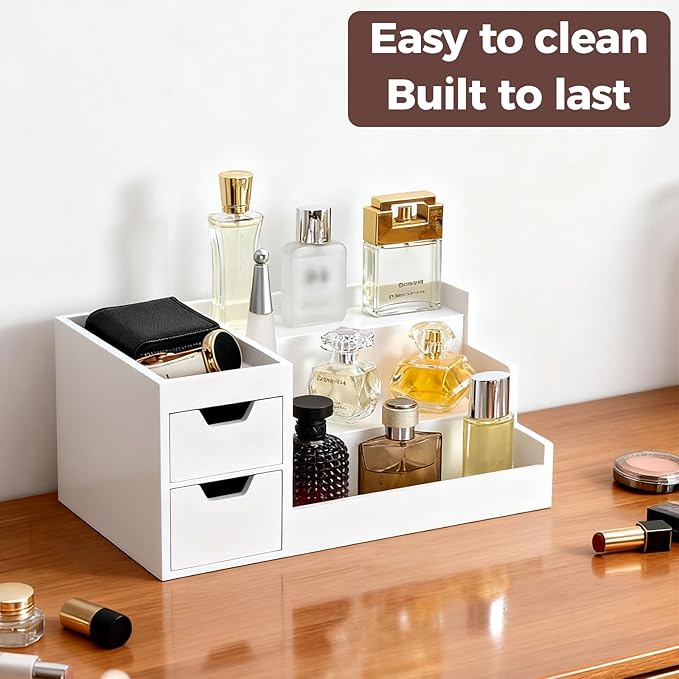 UUyuality Countertop Perfume & Makeup Organizer - Wooden Rack, Cologne Stand Shelves & Skincare Organizer for Bedroom Dresser, Organizador de Perfumes Estante para Perfumes (White, 01)