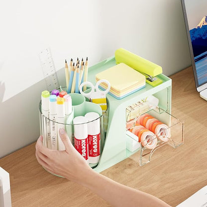 Marbrasse Desk Organizer with 2 Drawer, 360°Rotating Pen Holder, Desk Organizers and Accessories with 6 Slots Pencil Holder + 2 Drawer, Art Supply Storage Box Caddy for Office (Green)