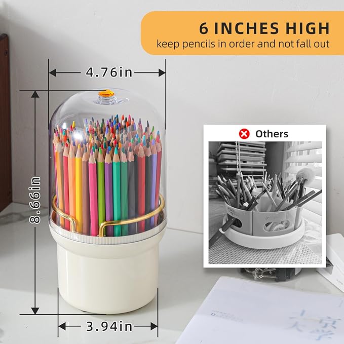 360-Degree Rotating Colored Pencil Holder with Lid, Pencil Organizer Holds 100 Long Pencils with 7 Slots for Desk, Caddy Art Supply Organizer, Multi-function Makeup Brushes Ogranizer (Ivory White)