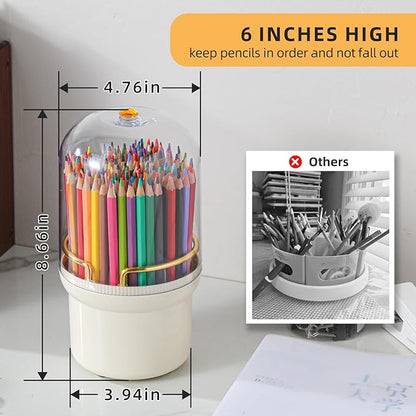 360-Degree Rotating Colored Pencil Holder with Lid, Pencil Organizer Holds 100 Long Pencils with 7 Slots for Desk, Caddy Art Supply Organizer, Multi-function Makeup Brushes Ogranizer (Ivory White)