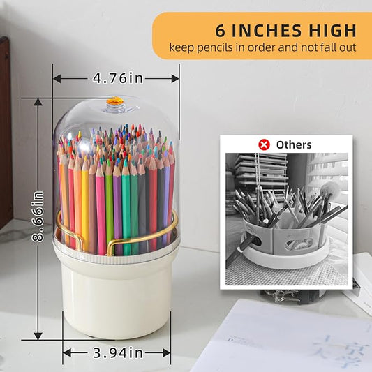 360-Degree Rotating Colored Pencil Holder with Lid, Pencil Organizer Holds 100 Long Pencils with 7 Slots for Desk, Caddy Art Supply Organizer, Multi-function Makeup Brushes Ogranizer (Ivory White)