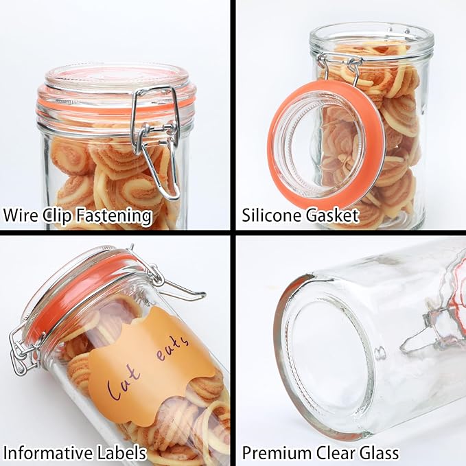 Flrolove 16 oz Glass Jars with Airtight Lid, Set of 6 Mason Jars 16 oz, Glass Storage Jars, Airtight Glass Jars, Canning Jar，Glass Canister with Seal for Pickle, Vanilla, Cookie, Jelly