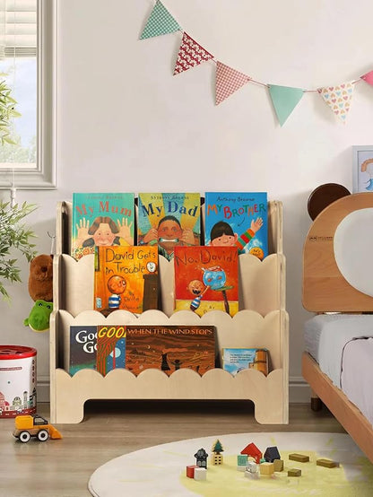 Kids Bookshelf Wooden 3-Tier, Scalloped Book Shelf for Kids Rooms, Front Facing Toddler Montessori Bookshelf, Baby Nursery Book Shelves Kids Classroom Bookshelf Bookcase