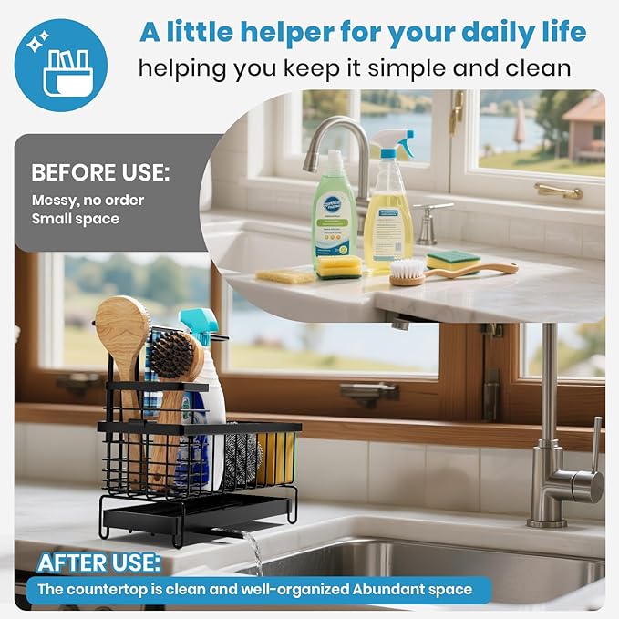 Kitchen Sink Caddy, Sponge Holder with Towel Holder, Kitchen Holder for Sink with 360 Degree Rotating Drain, Carbon Steel Rustproof, Kitchen Sink Caddy Sponge Holder for Gadgets and Decor