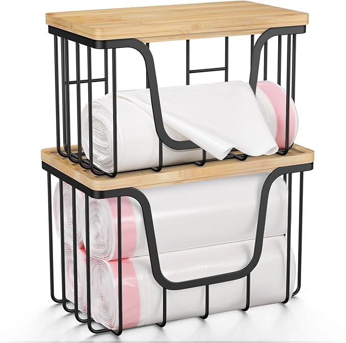 KONE Large Trash Bag Holder, 2 Pack Garbage Bag Dispenser, Storage Stackable Kitchen Organizer with Bamboo Top, Wall Mount Laundry Pantry Organization Black