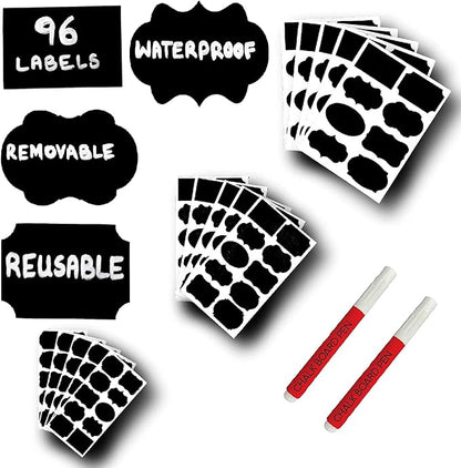 Mantah Chalkboard Label Stickers 96pcs - 9 Assorted Shapes in 3 Sizes with 2 White Chalk Marker, Reusable Waterproof Label for Storage Bin, Food Container, Jars, Containers