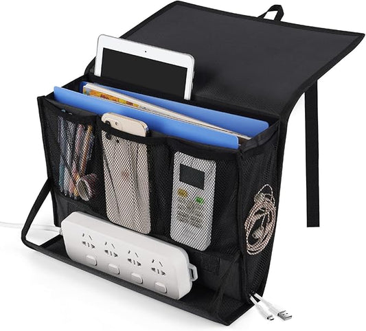 Retyion Bedside Storage Organizer with Power Strip Holder and Adjustable Straps Bed Hanging Bag for Home Bunk Bed Dorm Sofa (Black)