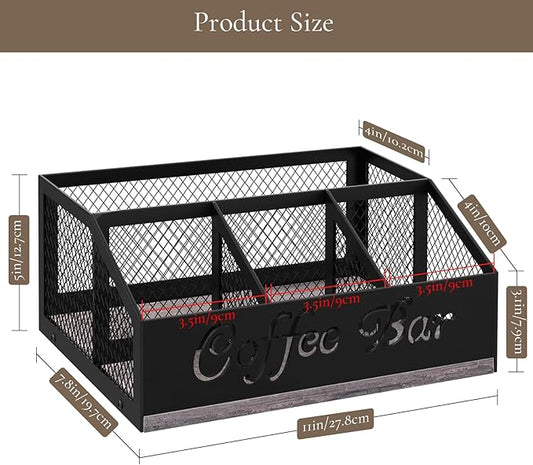 Coffee Bar Organizer for Countertop, Wooden Counter Station Organizer with Metal Mesh Basket, Coffee Bar Accessories Decor for Pods Condiment Syrup Tea Sugar, Gray